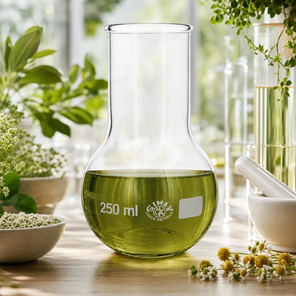 Termo 250 ml cuello ancho Frasco de laboratorio de 250 ml de cuello ancho con líquido verde sobre mesa de madera junto a plantas botánicas