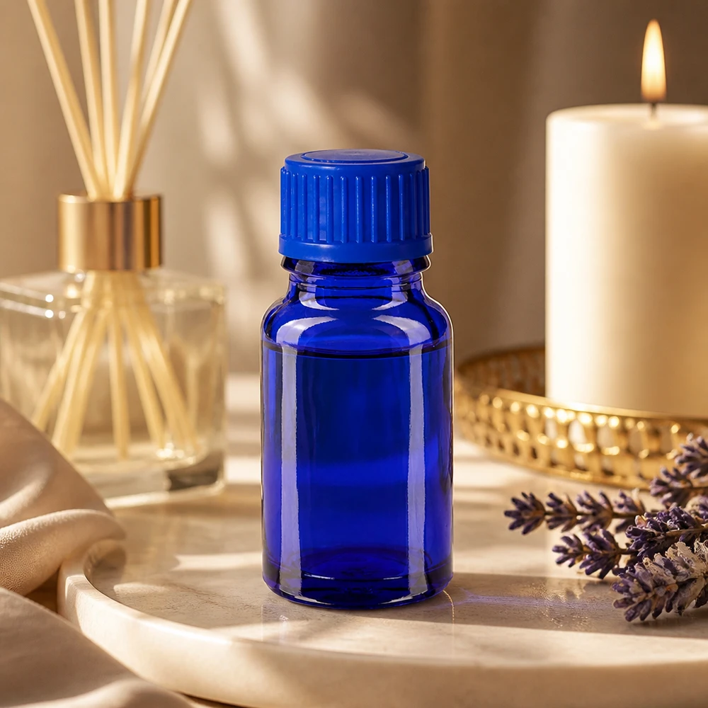Frasco 10ml 11mm tapón rosca azul estándar BlueLine UT18/10 Frasco compacto de vidrio de 10 ml en elegante azul para aplicaciones de aromaterapia y bienestar
