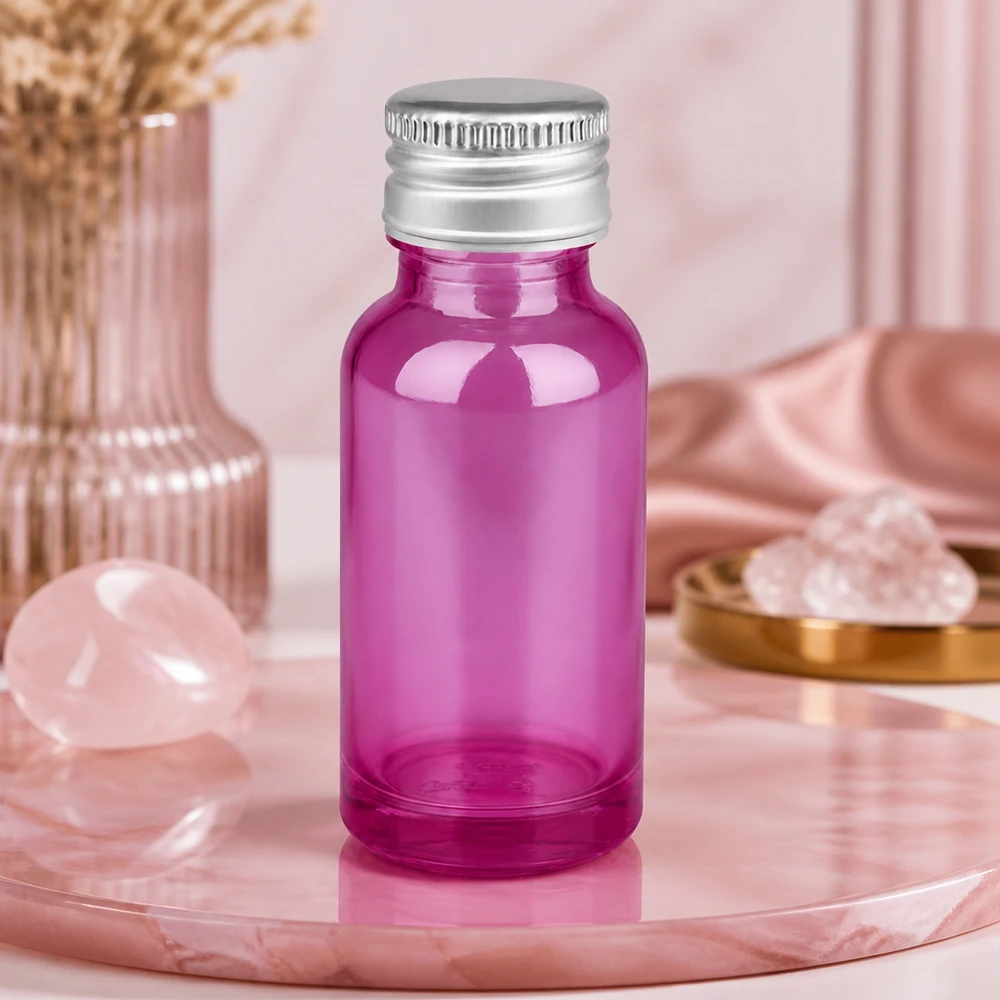 Frasco de vidrio violeta de 20 ml de alta calidad con protección UV y tapa de aluminio plateado STD