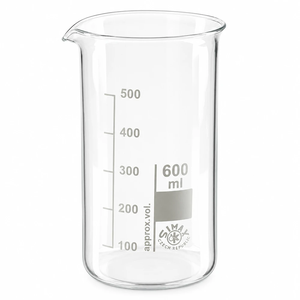 Vaso de precipitados de 600 ml, de forma alta, fabricado en vidrio borosilicato, con escala de mililitros de 100 a 500 ml