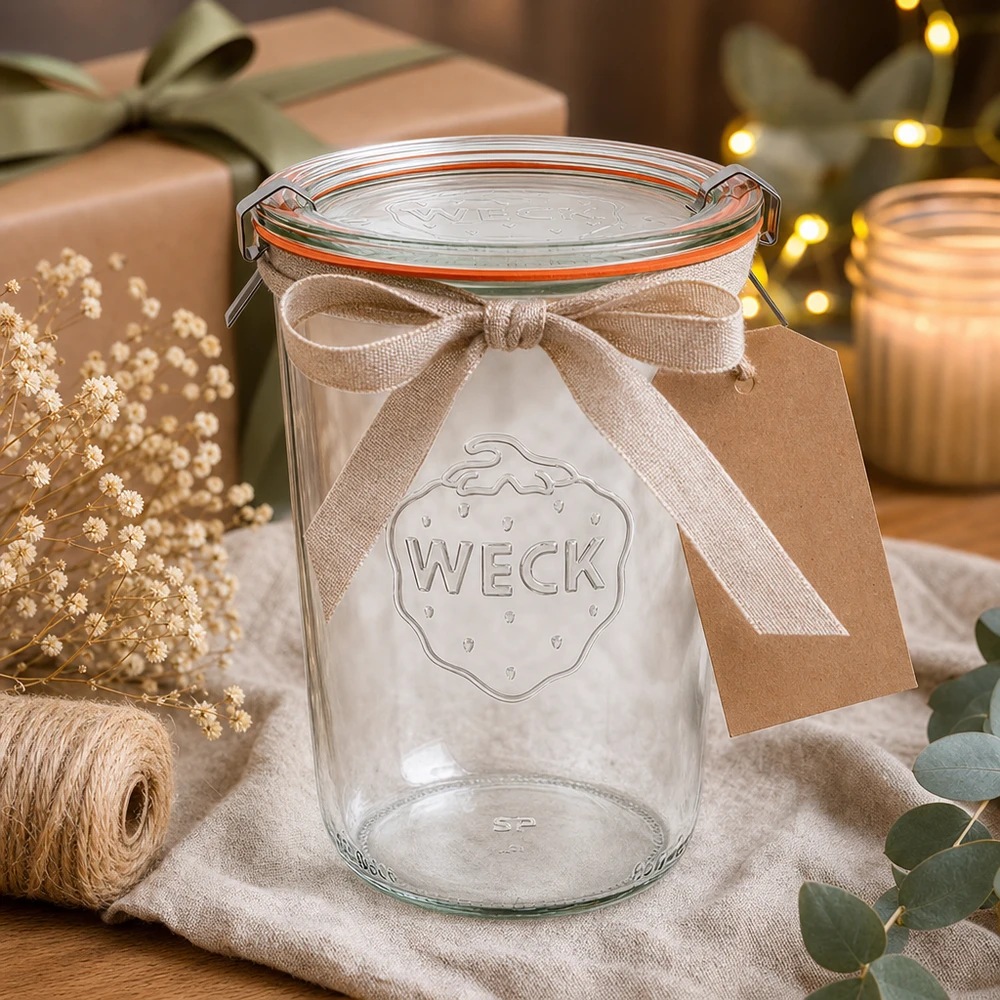 Vaso de 850ml completo WECK RR100 Vasos WECK 850ml RR100 como idea de regalo decorados con un lazo y un colgante en una acogedora escena navideña