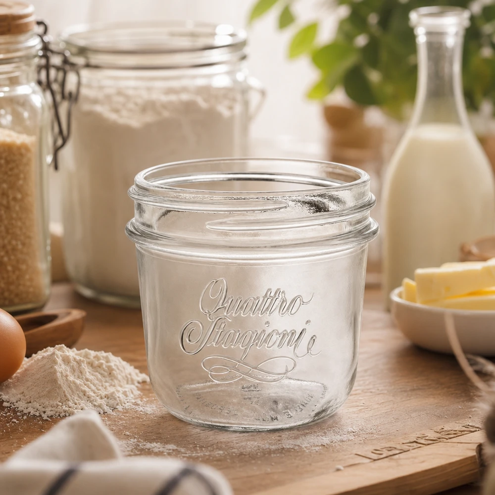 Tarro de cristal Quattro Stagioni de 200 ml sobre mesa de madera con ingredientes de repostería harina huevos y botella de leche en la cocina