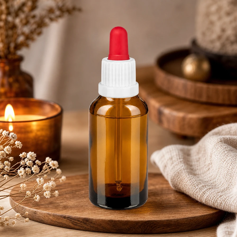 Frasco pipeta 30ml blanco/rojo cierre inviolable BrownLine UT18/30 Frasco de 30 ml de vidrio ámbar con protección UV y pipeta dosificadora de precisión para cosmética y naturopatía