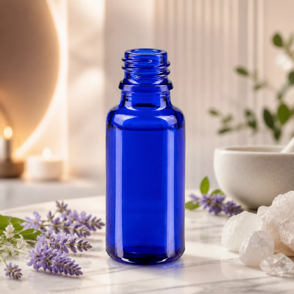 Práctico frasco de ApoGlas de 20 ml en elegante azul para cosmética natural y naturópatas