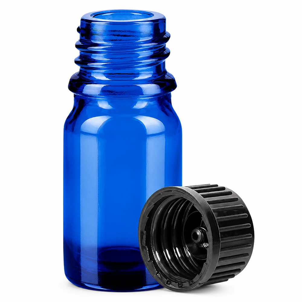 Frasco de cristal BlueLine de 5 ml con rosca de 11 mm y tapón negro para una dosificación precisa
