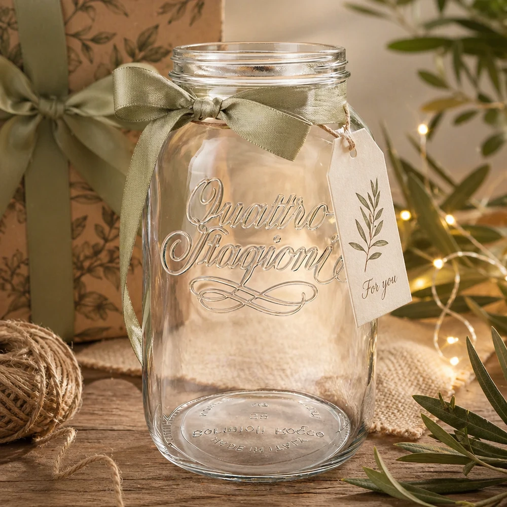 Vaso doméstico Quattro Stagioni de 3800 ml decorado con un lazo verde y una etiqueta de regalo sobre una mesa de madera rústica