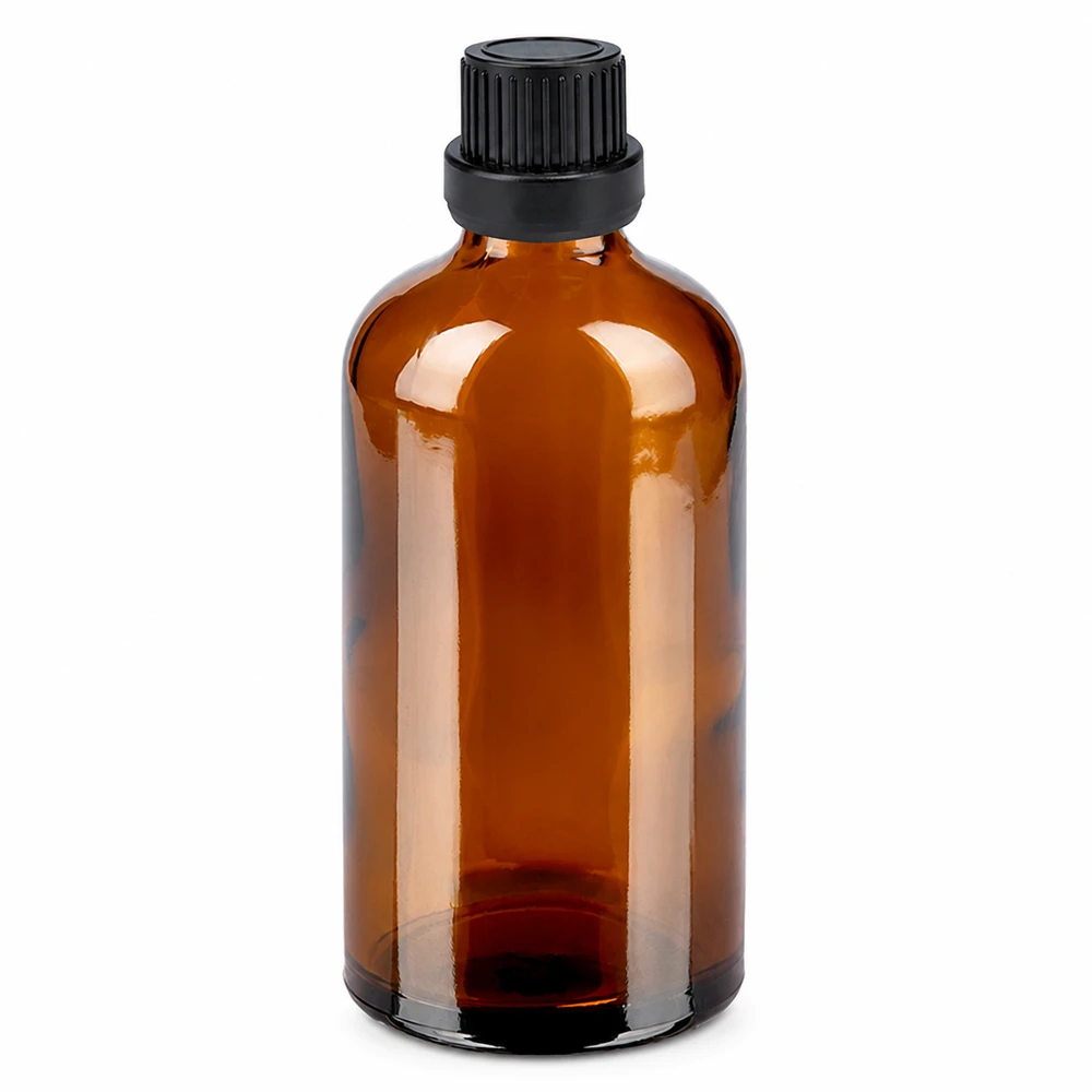 Frasco de vidrio marrón de 100 ml con tapón cuentagotas negro para aceites esenciales y tinturas