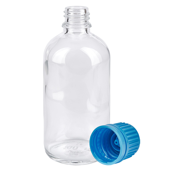 Botella 100ml tapón rosca 11mm azul ClearLine UT18/100 Frasco de cristal transparente de 100 ml UT18 con tapón de seguridad azul abierto de 11 mm SV