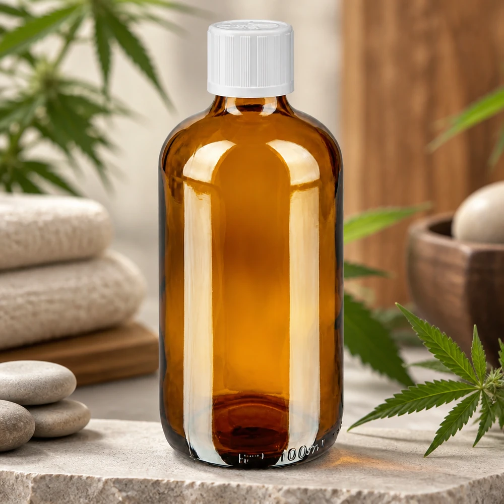 Frasco de farmacia de 100 ml de vidrio ámbar con tapón blanco de silicio frente a hojas de cannabis y piedras de bienestar