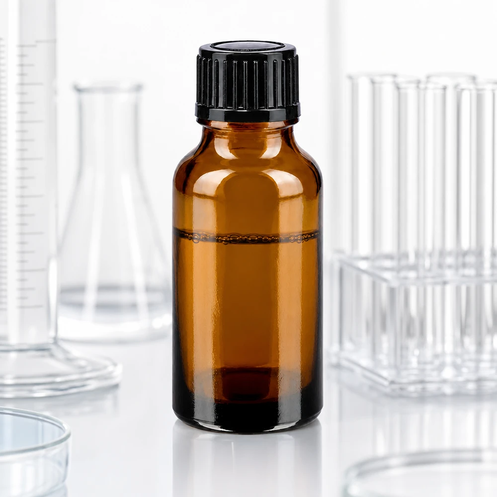 Frasco de farmacia de 20 ml de cristal marrón con tapón negro en un entorno de laboratorio