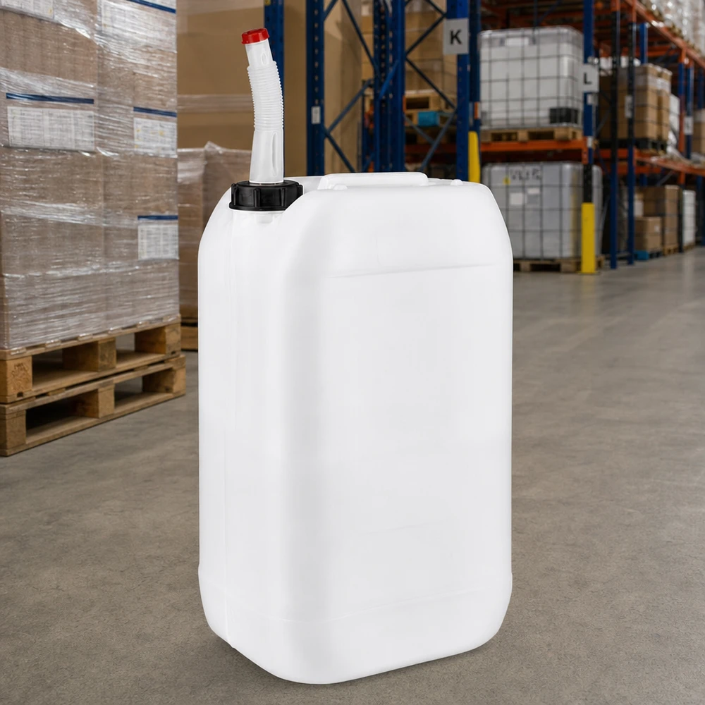 Bidón de plástico apto para alimentos de 15 litros con boquilla flexible, disponible en el almacén