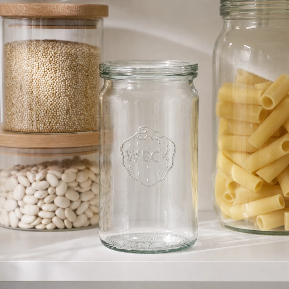 Tarro cilíndrico de 340ml con tapa de cristal WECK RR60 WECK 340ml Zylinderglas RR60 leer in moderner Pantry zwischen Vorratsgläsern mit Hülsenfrüchten und Nudeln Küchenausstat