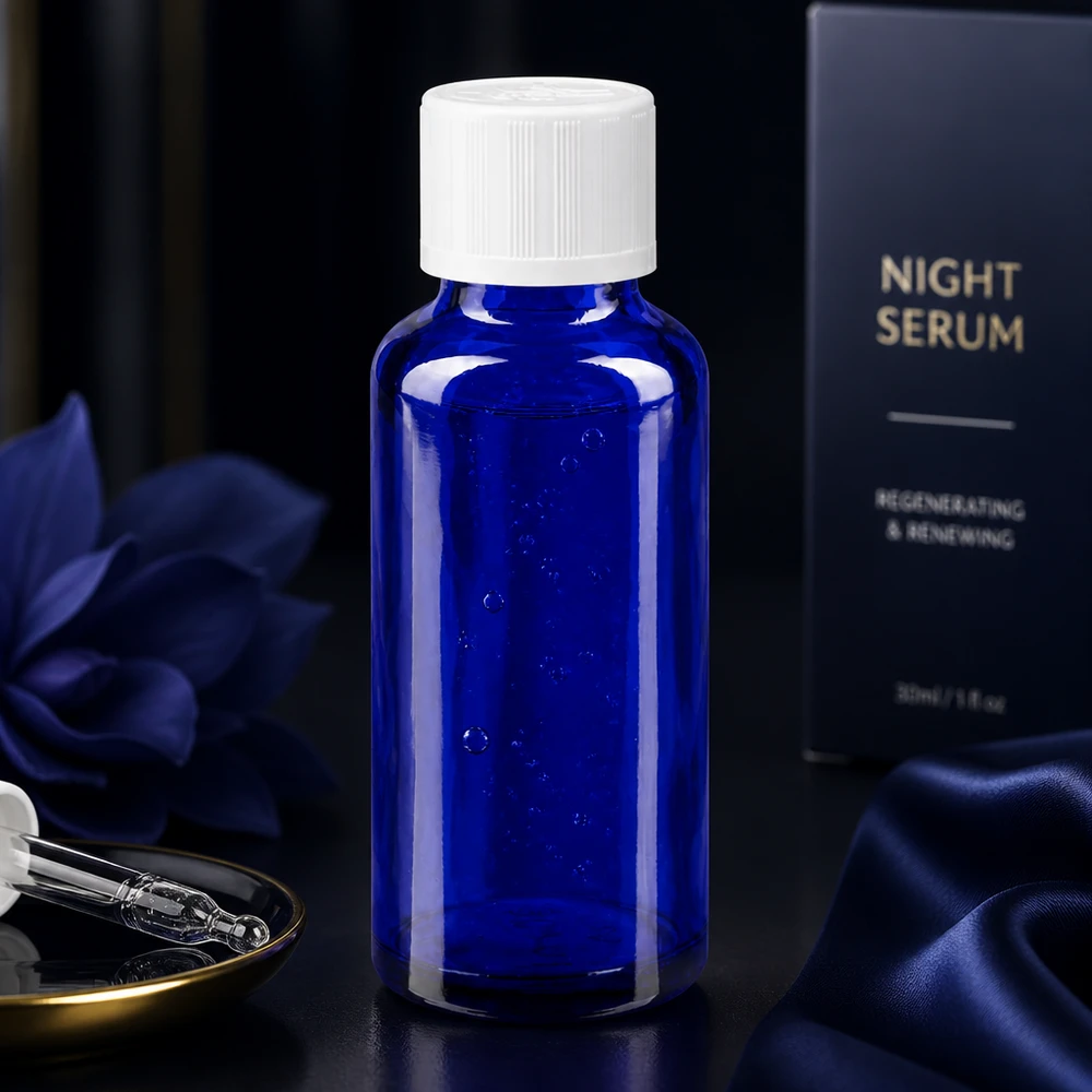 Elegante frasco de vidrio cobalto de 30 ml para un sérum de noche, con tapón blanco KiSi sobre fondo oscuro