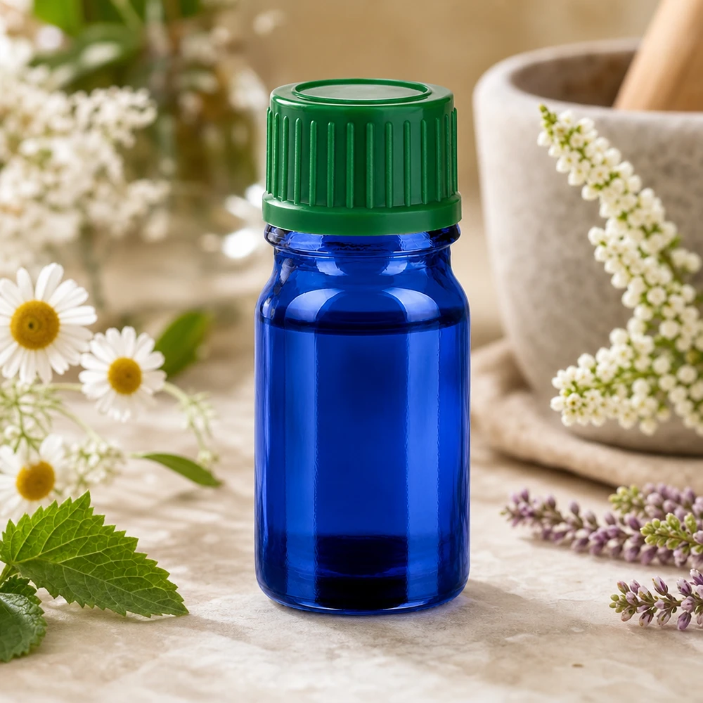 Frasco de 5 ml con tapón de rosca de 11 mm verde estándar BlueLine UT18/5 Frasco boticario 5ml azul verde 11mm SV STD BlueLine UT18/5 Protección UV para cosmética natural