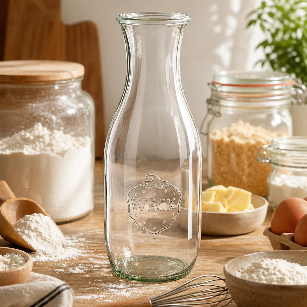 Botella de zumo WECK 1062ml RR60 en la cocina de repostería con harina huevos mantequilla e ingredientes de repostería como recipiente de cocina versátil