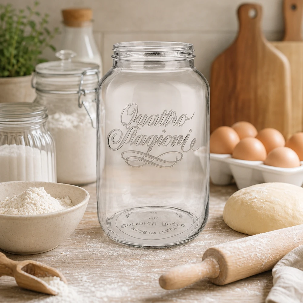 Tarro redondo de cristal "Quattro Stagioni" de 3800ml QS110mm 3800ml Quattro Stagioni Haushaltsglas in rustikaler Küche mit Backzutaten, perfekt für Vorratshaltung und Dekoration