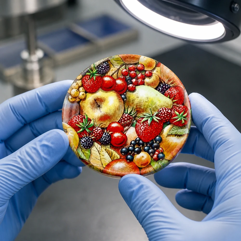 Control de calidad de tapas decoradas con motivos frutales de 82 mm (TO82) bajo luz de laboratorio y con guantes de protección UNiTWIST