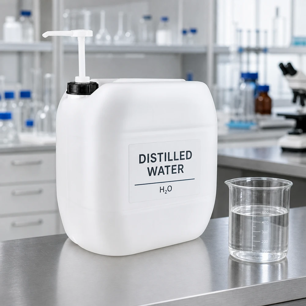 Bidón 30 litros con bomba dosificadora Bidón de laboratorio de 30 litros con bomba dosificadora, lleno de agua destilada (H₂O)