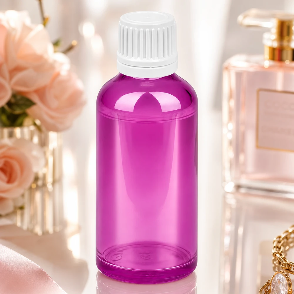 Elegante frasco de diseño de 50 ml en color morado con tapón blanco para productos cosméticos de primera calidad