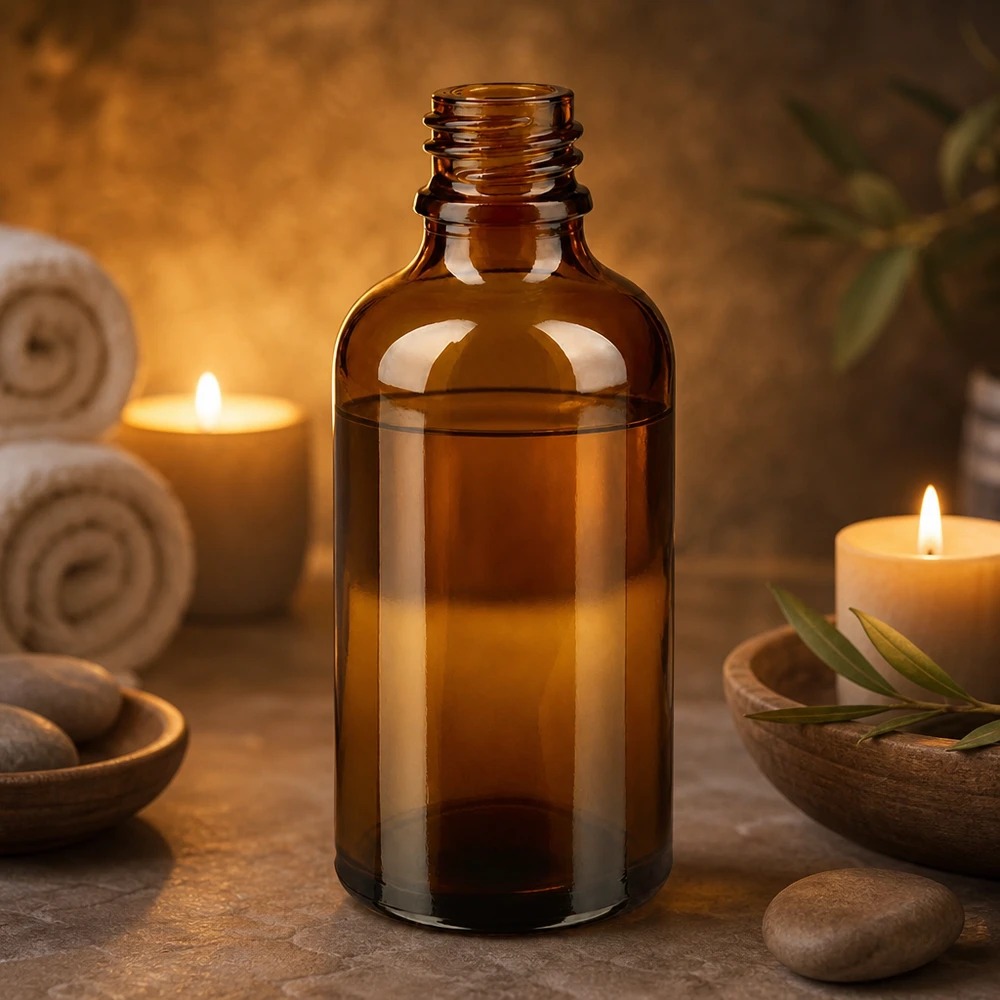 Frasco de farmacia ApoGlas marrón de 50 ml con aceite en cálida atmósfera de bienestar a la luz de las velas junto a las piedras del balneario