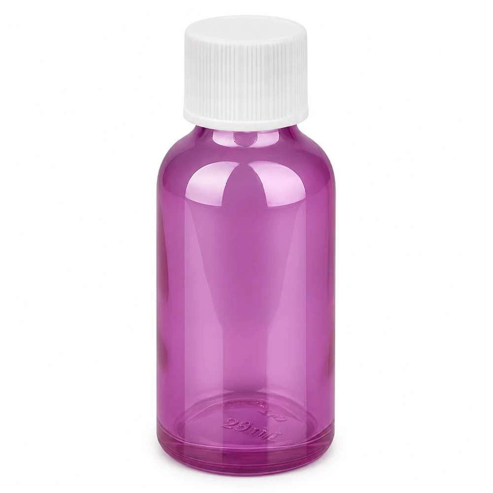 Frasco de 30 ml con tapón de rosca de 11 mm blanco estándar PurpleLine UT18/30 Frasco de vidrio de 30 ml de color violeta con tapón de rosca blanco para cosméticos y productos farmacéuticos