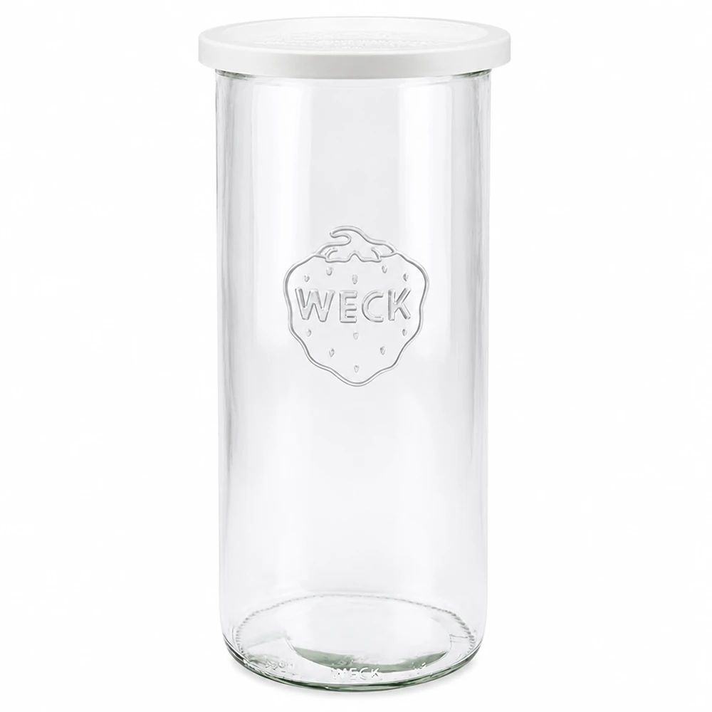 Vasos de 1500ml con tapa de frescura WECK RR100 Tarro de almacenaje WECK 1500ml con tapa blanca RR100 de cristal transparente con logotipo WECK para almacenaje