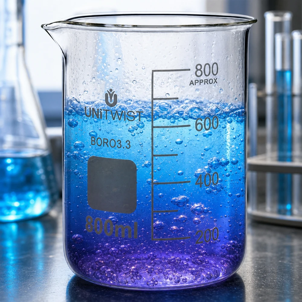 Vaso de precipitados de 800 ml, de forma baja, fabricado en borosilicato 3.3, con un líquido de color azul violáceo brillante