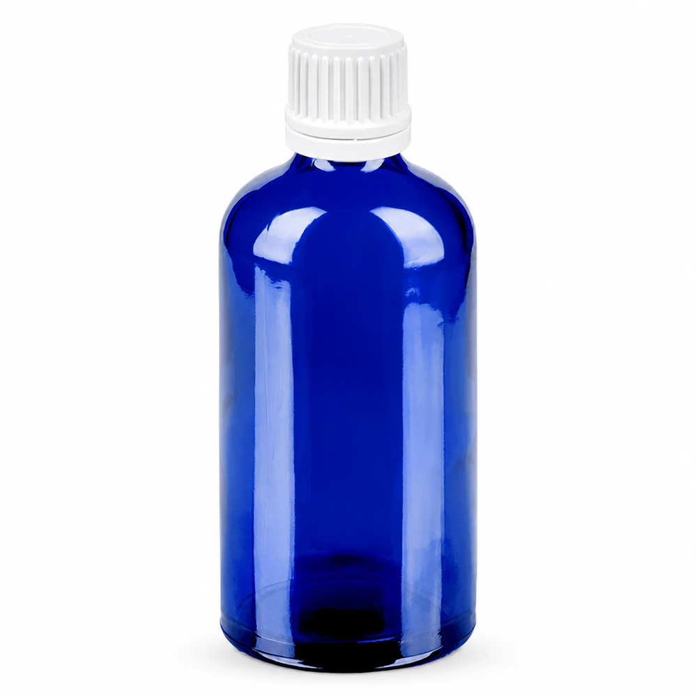 Botella 100ml 11mm tapón rosca blanco cierre inviolable BlueLine UT18/100 Botella de vidrio azul de 100 ml con tapón de rosca blanco de 11 mm SV serie BlueLine