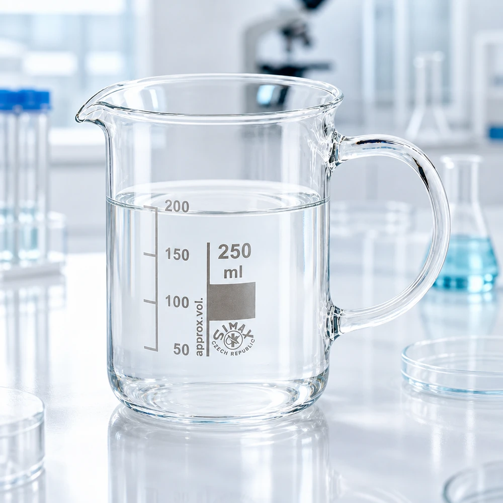 Vaso de precipitados transparente de 250 ml con asa y escala de mililitros en un entorno de laboratorio moderno