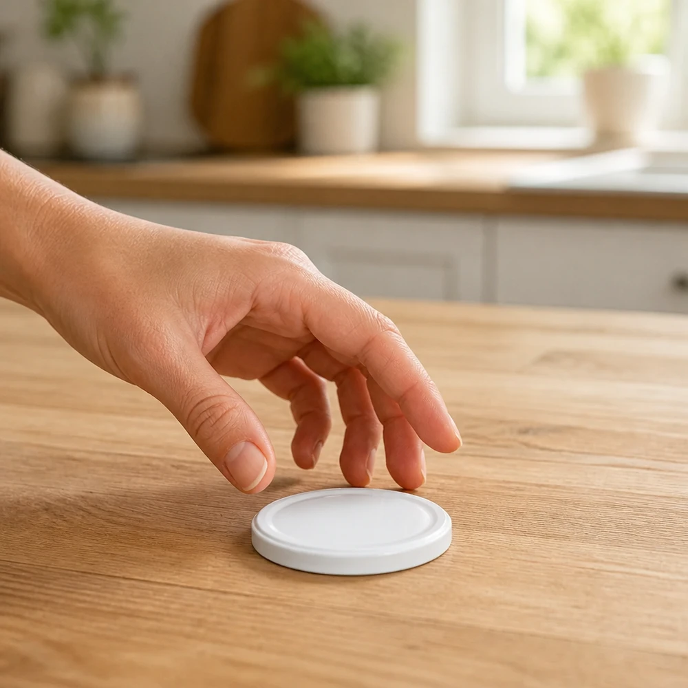 Se coge la tapa blanca para tarros UNiTWIST TO43 BioSeal sin BPA sobre una mesa de madera