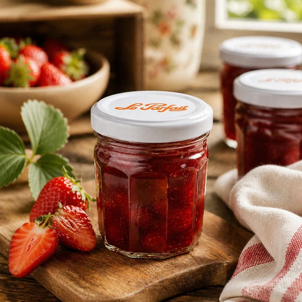 Le Parfait mini tarros de mermelada 44ml con fresas y mermelada sobre una tabla de madera - perfecto para untar en casa