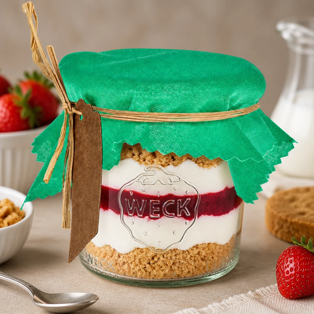 Mantel de tela verde cuadrado de 12 cm sobre copa de postre con postre en capas y fresas frescas como decoración de mesa