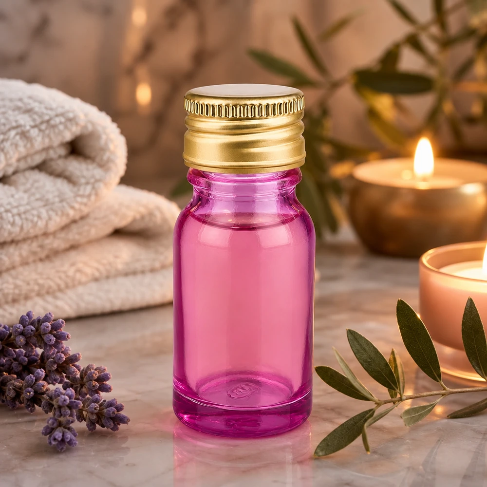 Frasco de aromaterapia de 10 ml de alta calidad con protección UV y elegante tapón morado y dorado