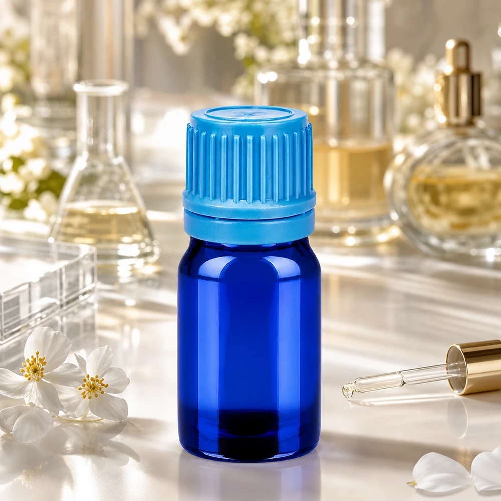 Frasco de laboratorio azul de 5 ml con abertura de 11 mm para una dosificación precisa de los aceites esenciales
