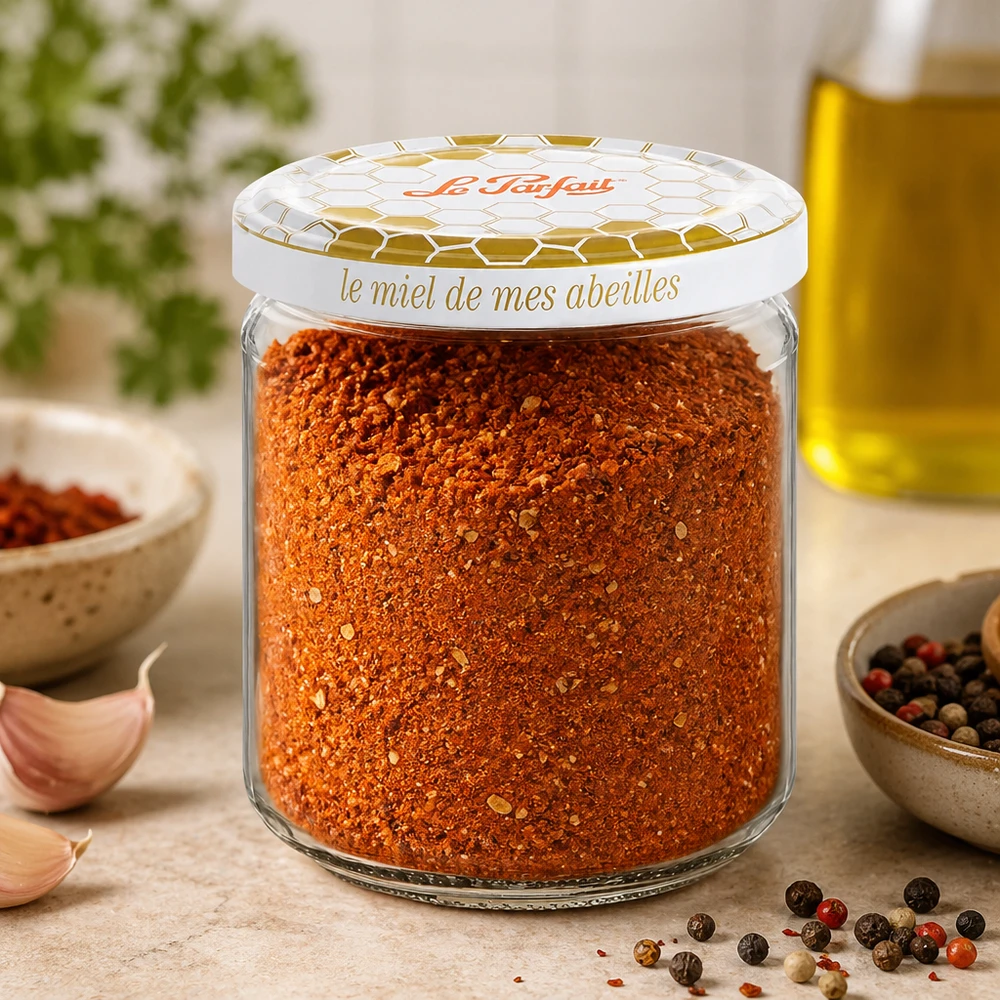 Le Parfait Tarro de miel 212 ml lleno de mezcla de especias junto con granos de pimienta de ajo y aceite de oliva