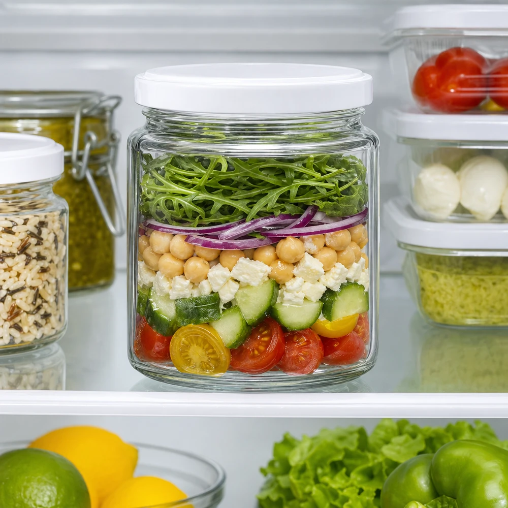 Tarro de miel de 250 ml en el frigorífico como recipiente de preparación de comidas para ensalada en capas con tapa BasicSeal UNiTWIST