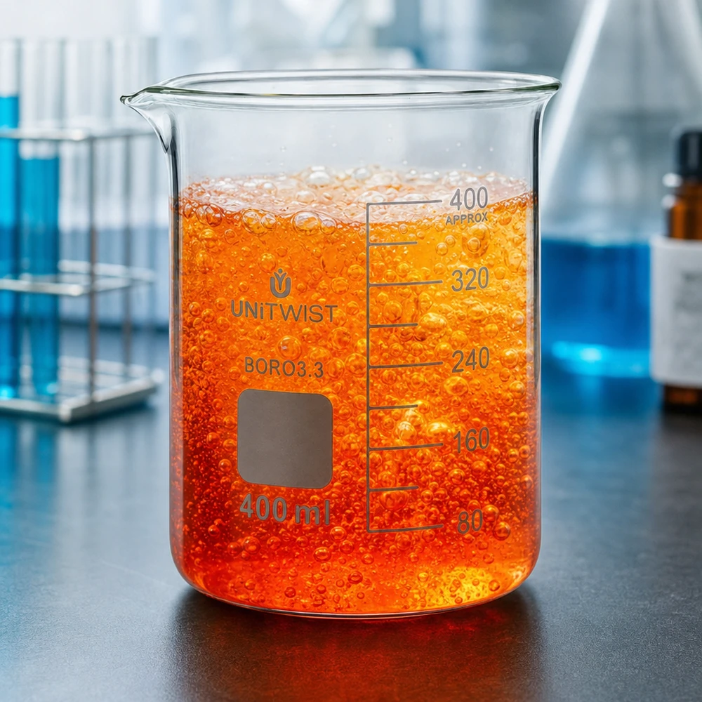 Vaso de precipitados UNiTWIST de 400 ml con un líquido burbujeante de color naranja y burbujas visibles en el laboratorio