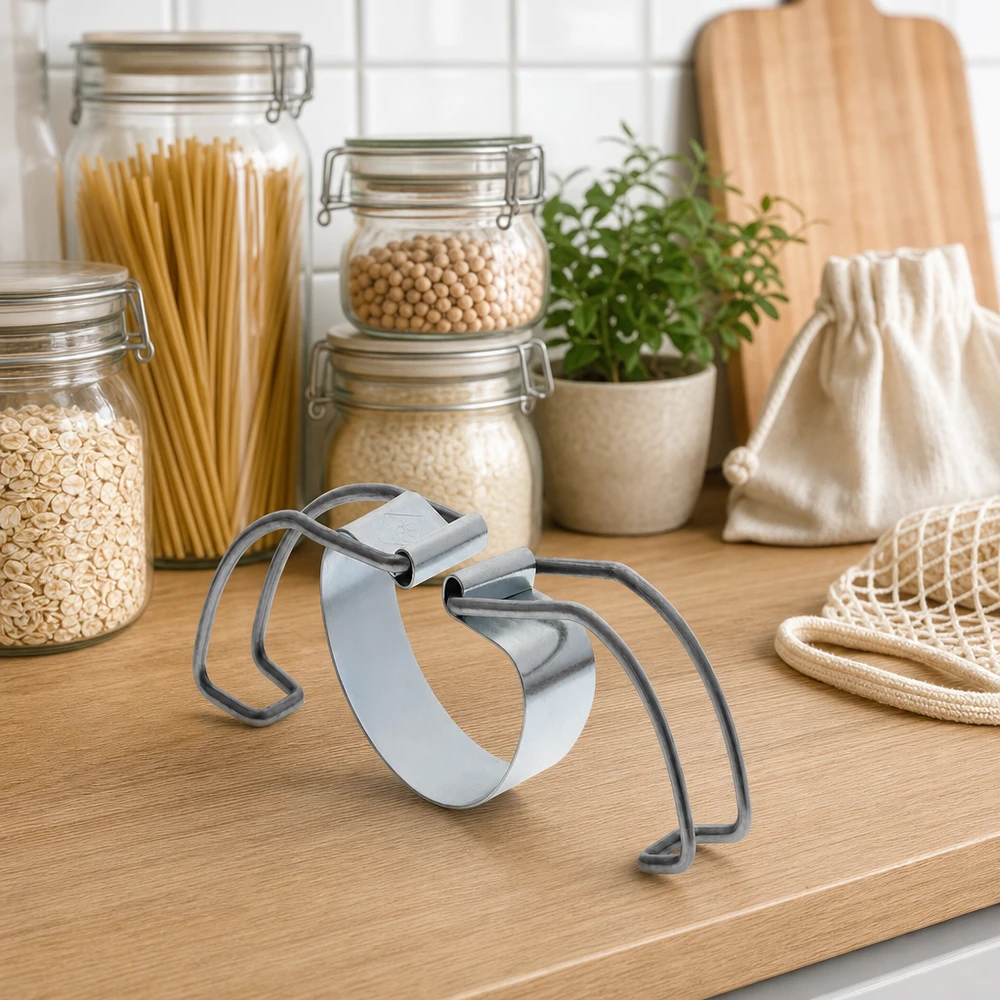 Soporte de cocción RR100 Estante de conservación RR100 entre tarros de almacenamiento sostenible con pasta y legumbres en una cocina de residuo cero