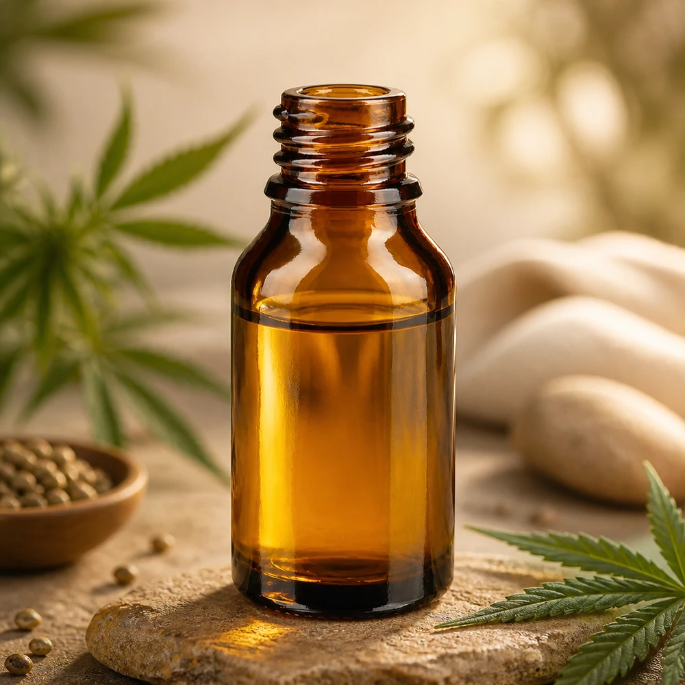 Botella de ApoGlas marrón de 15 ml con hojas de cannabis, semillas de cáñamo y piedras de spa para productos naturales de bienestar