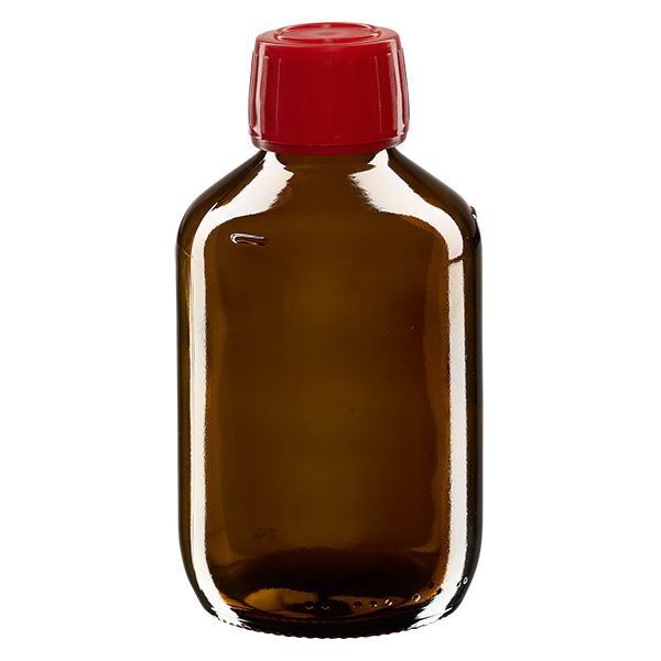 Frasco medicamento 200ml marrón, tapón rojo con precinto de seguridad ApoGlas Frasco medicamento 200ml marrón, tapón rojo con precinto de seguridad ApoGlas
