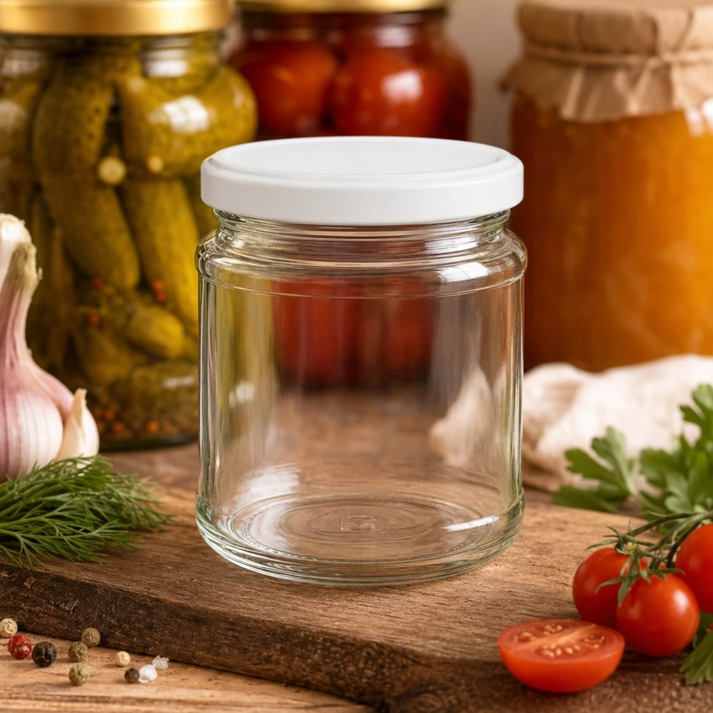 Tarro redondo de 212ml con tapa BasicSeal blanco UNiTWIST Tarro de conserva 212ml con tapa blanca sobre tabla de madera junto a tomates, hierbas y tarros de conserva llenos al fondo