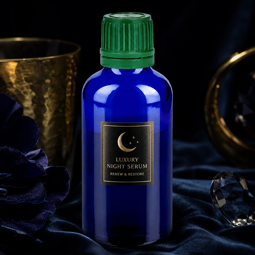 Frasco de vidrio profesional de 50 ml serie BlueLine con tapón de rosca verde a prueba de niños