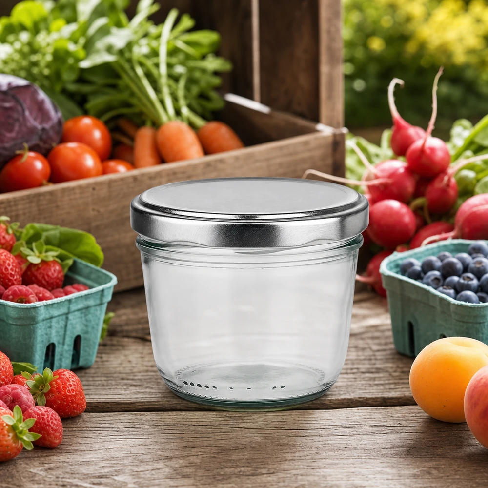 230ml vasos de plata BasicSeal tapa entre frutas frescas verduras sobre mesa de madera escena de cocina al aire libre natural