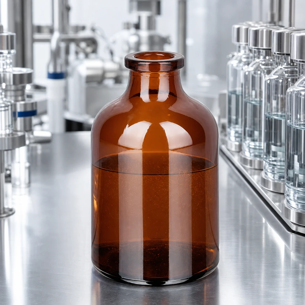 Frasco de inyección de vidrio ámbar 50ml Injektionsflasche Braunglas 50ml mit bernsteinfarbenem Glaskörper in pharmazeutischer Produktionsumgebung