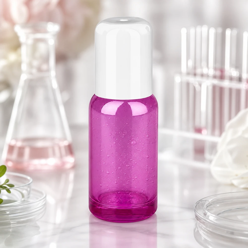 Frasco roll-on compacto de 20 ml con tapa blanca de color morado brillante para llevar encima