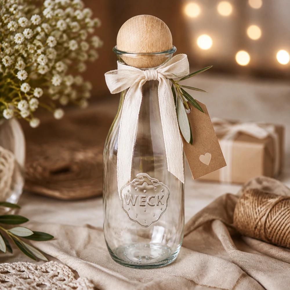 Botella de zumo WECK 1062ml RR60 de regalo decorada con un lazo blanco, etiqueta de papel kraft y rama de olivo