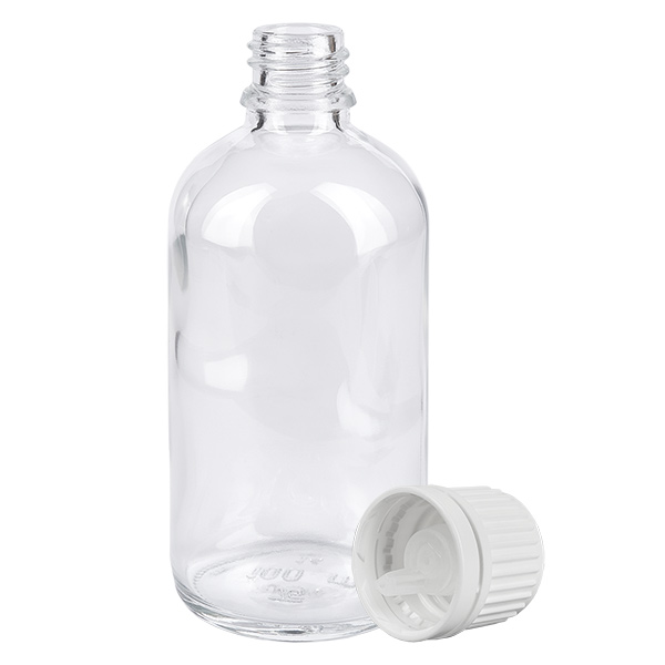 Frasco cuentagotas de 100 ml con cierre inviolable de 0,7 mm blanco ClearLine UT18/100 Frasco cuentagotas transparente de 100 ml, de cristal transparente, con tapón de rosca blanco y precinto de seguridad