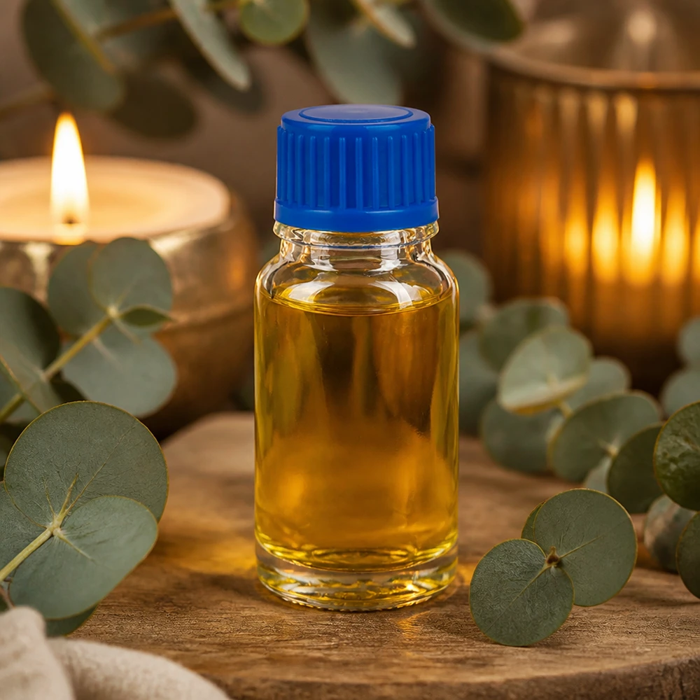 Pequeño frasco de cristal de 10 ml con tapón azul, rodeado de hojas de eucalipto y velas
