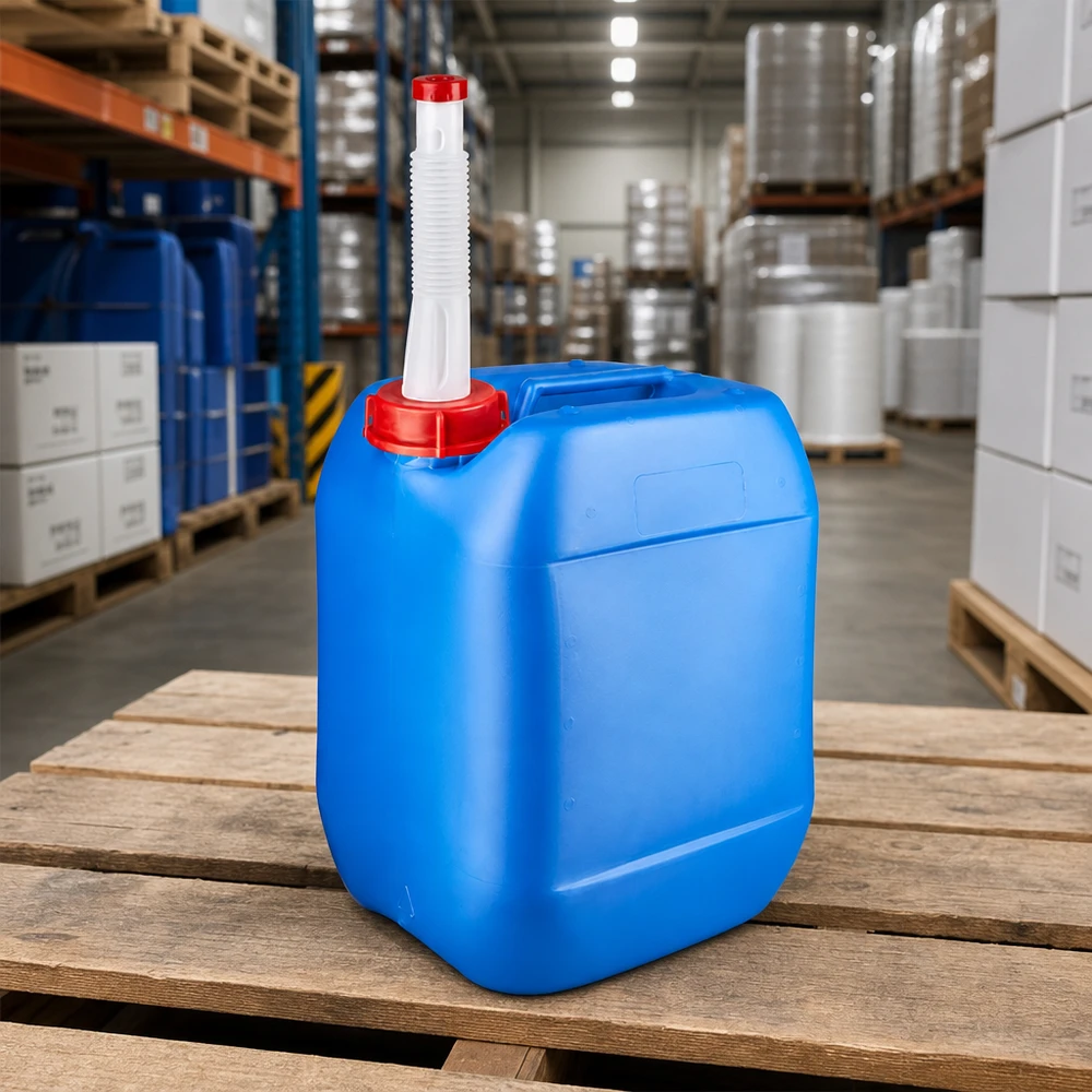 Bidón apilable de 10 litros, de color azul, con tapón rojo y tubo de salida flexible, disponible en almacén