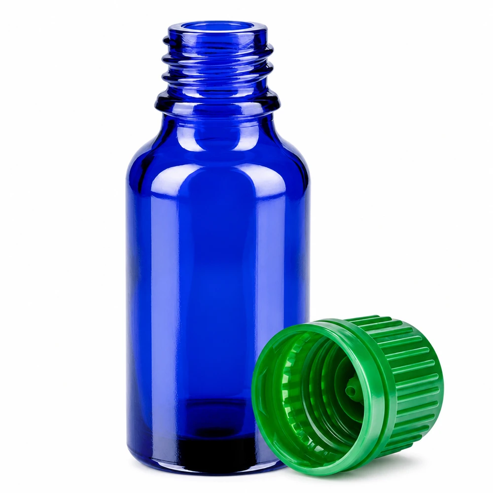 Frasco 20ml 11mm tapón rosca verde con precinto BlueLine UT18/20 Pequeño frasco de vidrio de 20 ml en azul cobalto con tapón verde para una dosificación precisa